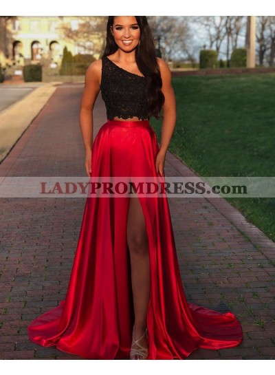 2023 Black And Red One Shoulder Side Slit Two Pieces Lace Prom Dress