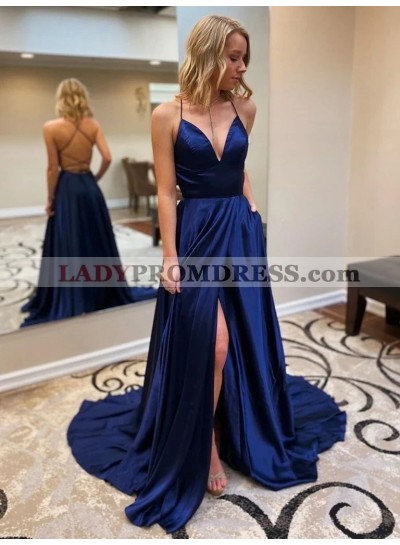 2023 Royal Blue A Line Sweetheart Side Slit Long Backless Lace Up Back Prom Dress