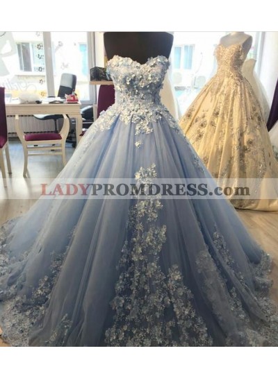2023 Light Sky Blue Sweetheart Appliques Ball Gown Long Prom Dress