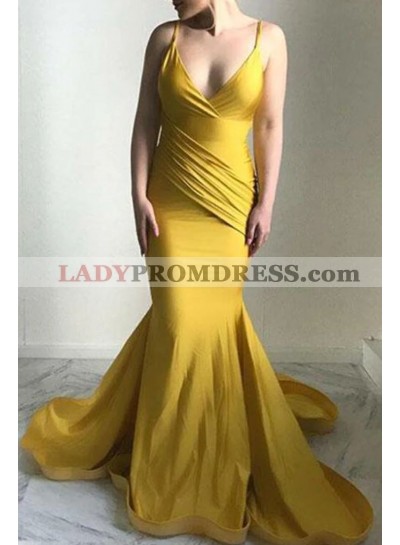 2023 Mermaid Gold Ruch Sweetheart Halter Backless Long Prom Dress