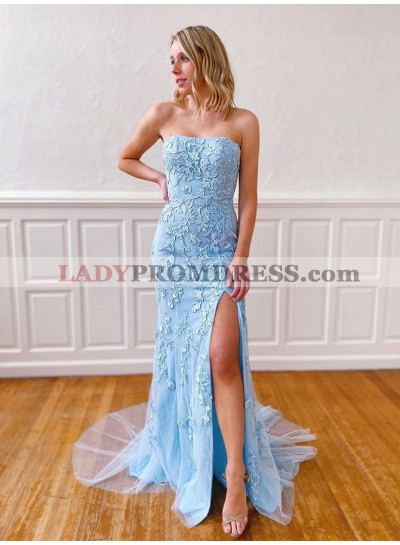 Sheath Light Sky Blue 2023 Strapless Appliques Long Prom Dress