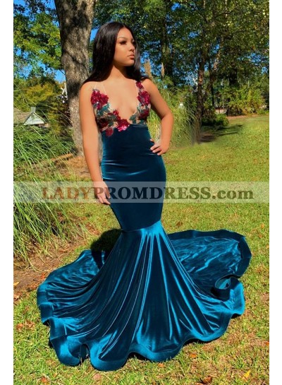 2023 Mermaid Deep V Neck Backless Embroidery Blue Prom Dress
