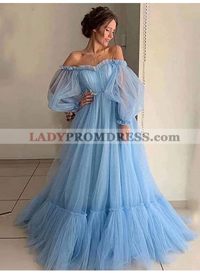 2023 A Line Long Sleeves Off Shoulder Tulle Pink Prom Dress