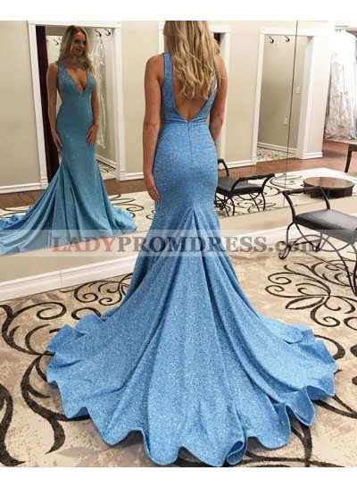 2023 Mermaid V Neck Blue Sequence Long Prom Dress
