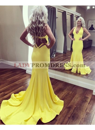 2023 Mermaid Yellow Halter V Neck Backless Long Prom Dress