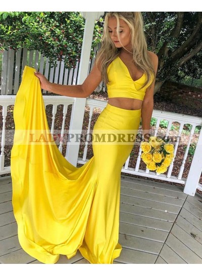 2023 Sheath Two Pieces Yellow Halter Long Prom Dress