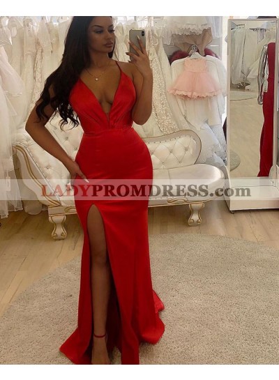 2023 Red Sheath Side Slit Deep V Neck Long Prom Dress
