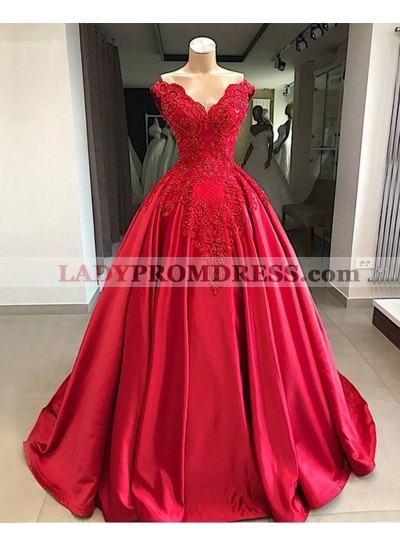 2023 Red Sweetheart Satin With Appliques Off Shoulder Ball Gown Prom Dress