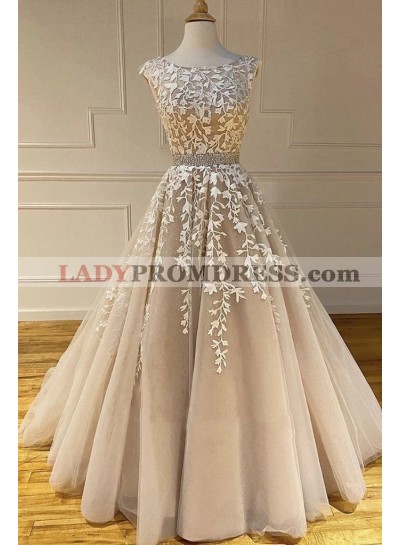 2023 A Line Champagne With White Appliques Long Scoop Prom Dress