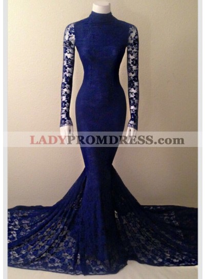 2023 Mermaid Long Sleeves Royal Blue Lace High Neck Long Prom Dress