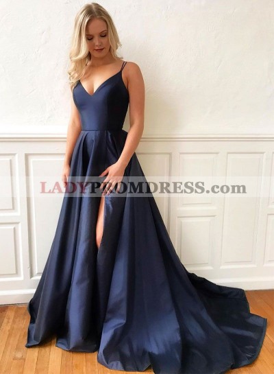 2023 A Line Satin Sweetheart Satin Side Slit Dark Navy Long Prom Dress