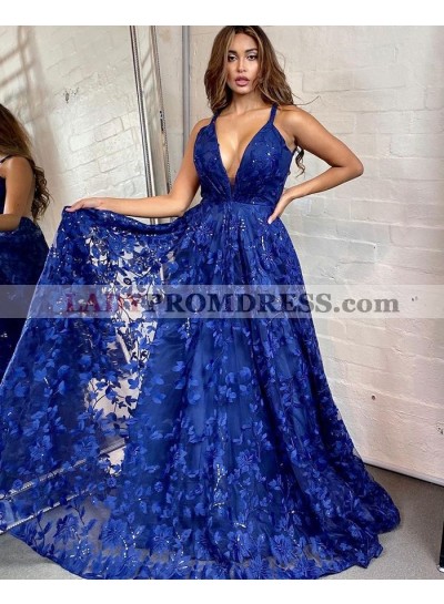 2023 A Line Sweetheart Lace Sweetheart Royal Blue Long Prom Dress