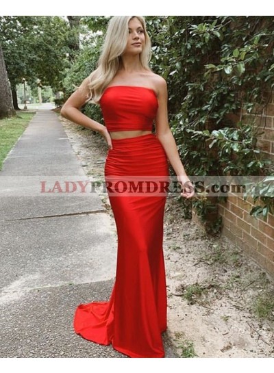 2023 Sheath Red Strapless Long Two Pieces Prom Dress
