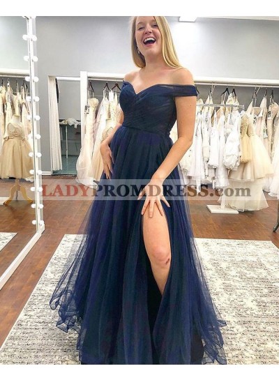 2023 A Line Tulle Side Slit Off Shoulder Sweetheart Long Navy Blue Prom Dress