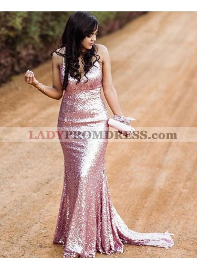 2023 Pink Mermaid Halter Scoop Sequence Long Prom Dress