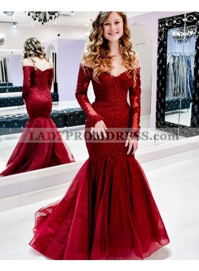 2023 Mermaid Long Sleeves Off Shoulder Sweetheart Lace Burgundy Prom Dress