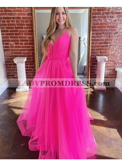 2023 A Line Sweetheart Beaded Tulle Pink Long Prom Dress