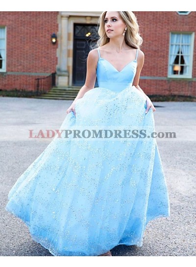2023 A Line Blue Sweetheart Spaghetti Straps Long Prom Dress
