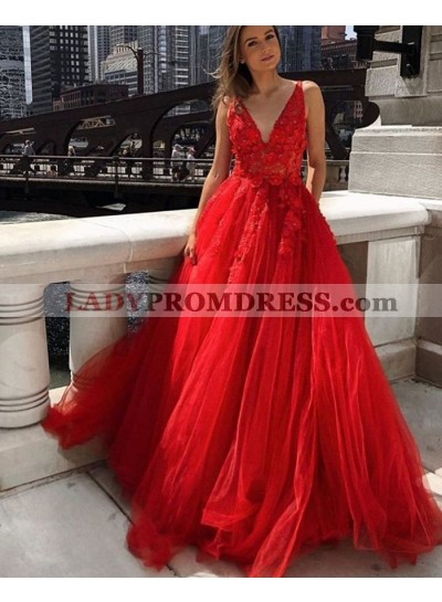 2023 A Line Red V Neck Tulle With Appliques Long Prom Dress
