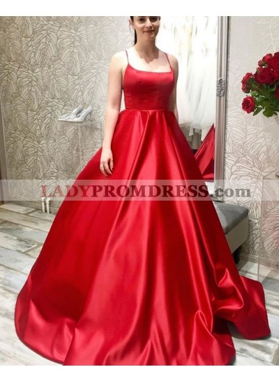 A Line Red Halter Scoop Satin Long Prom Dress 2023