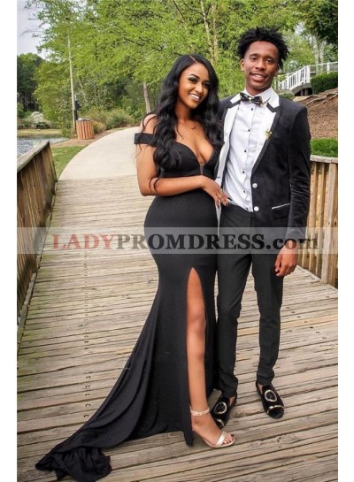 Black Sheath Off Shoulder Sweetheart 2023 Side Slit Long Prom Dress
