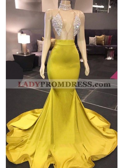 2023 Yellow V Neck Satin Backless Long Prom Dress