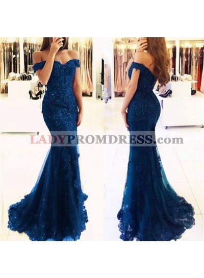 2023 Navy Blue Off Shoulder Sweetheart Tulle With Appliques Long Prom Dress