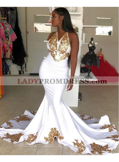 2023 Mermaid White With Gold Appliques Halter Backless Long Prom Dress