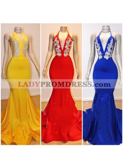 Mermaid Royal Blue V Neck Halter Backless Long 2023 Prom Dress
