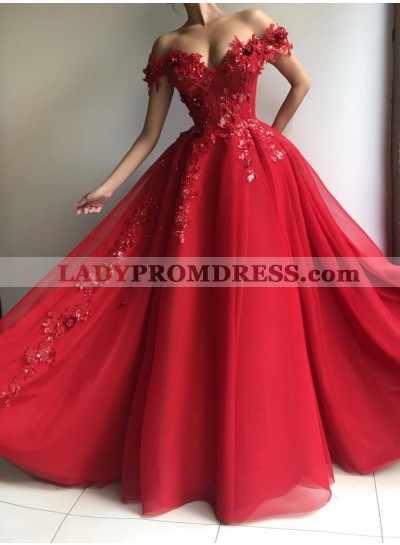 A Line Sweetheart Red Tulle With Appliques Off Shoulder Long Prom Dress 2023