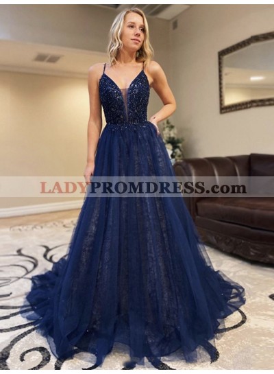 2023 A Line Tulle Beaded Sweetheart Backless Spaghetti Straps Long Dark Navy Prom Dress