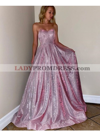 2023 A Line Sweetheart Pink Sequence Shiny Long Prom Dress