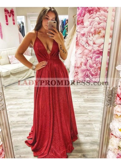 A Line Deep V Neck Red Lace Up Backless Long Prom Dress 2023