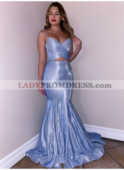 2023 Blue Mermaid Sweetheart Lace Up Backless Two Pieces Prom Dress