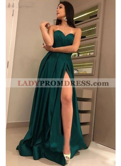 2023 A Line Dark Green Sweetheart Side Slit Long Prom Dress