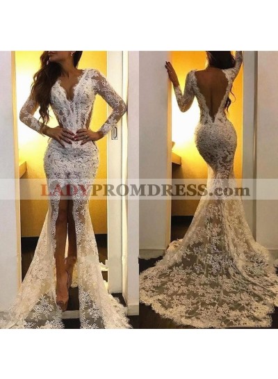 2023 Sheath Front Slit Long Sleeves Backless White Lace Long Prom Dress