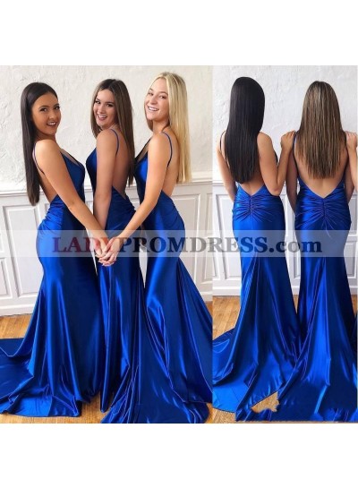 2023 Royal Blue Elastic Satin Halter V Neck Backless Long Prom Dress