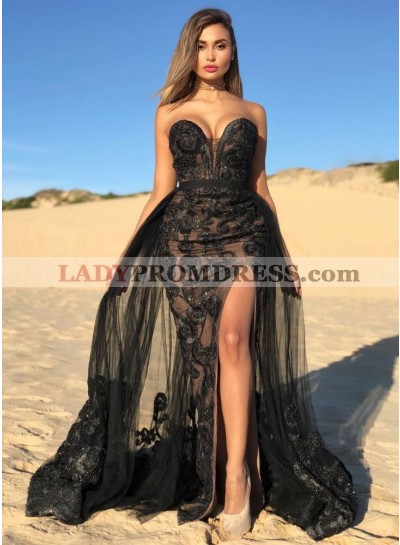 2023 Sheath Sweetheart Side Slit Tulle Lace Long Black Prom Dress