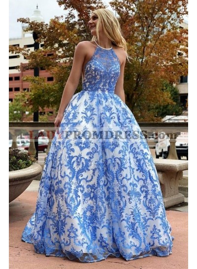 2023 A Line Blue Lace Halter Long Prom Dress