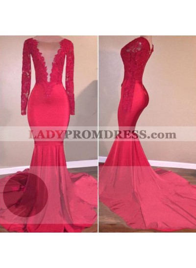 2023 Red Mermaid Long Sleeves Lace Open Front Long Prom Dress