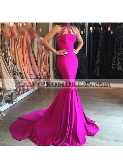 Mermaid 2023 Fuchsia Satin Halter Beaded Long Prom Dress