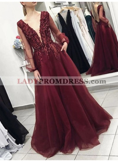 2023 A Line Tulle Long Sleeves V Neck Burgundy Backless Long Prom Dress