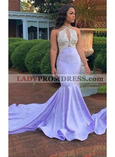 2023 Mermaid Lavender Halter Beaded Long Prom Dress