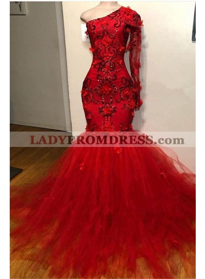 One Shoulder Mermaid 2023 Red Long Sleeves Tulle Beaded Long Prom Dress