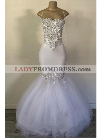 2023 White Mermaid Tulle Floral Patterns Halter Backless Prom Dress