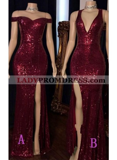 Burgundy 2023 Long Side Slit Sequence Off Shoulder Sweetheart Prom Dress