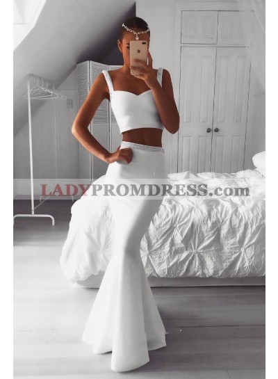 2023 Mermaid White Satin Two Pieces Beaded Long Prom Dress