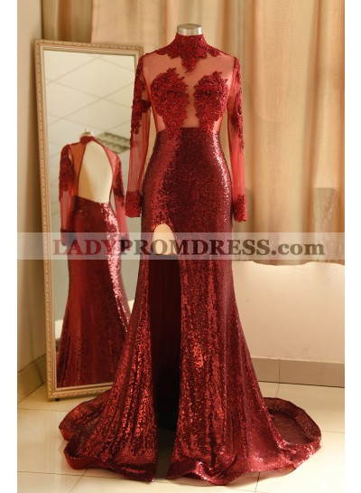 2023 Sheath Burgundy Side Slit Long Sleeves High Neck Long Prom Dress