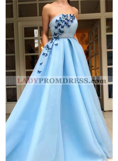 2023 A Line Blue Strapless Patterns Organza Long Prom Dress