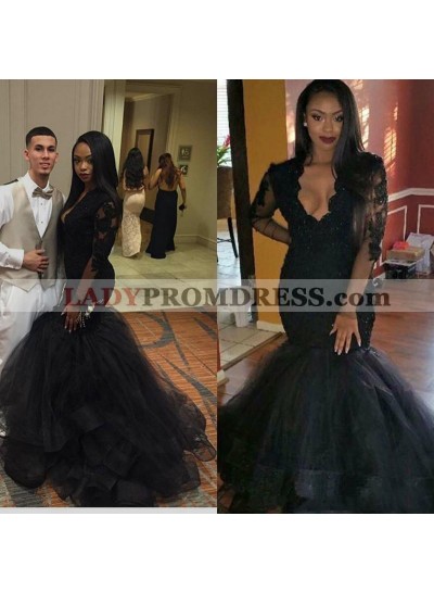 2023 Mermaid Long Sleeves Open Front Tulle Black Long Prom Dress